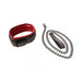 Black and red padded vegan leather collar with adjustable buckle and matching black metal chain leash with loop handle.