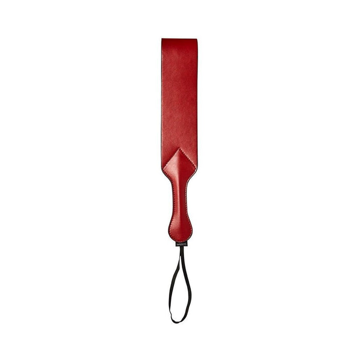 Red and black Sportsheets Saffron Loop Paddle with wrist strap and smooth PU leather finish.