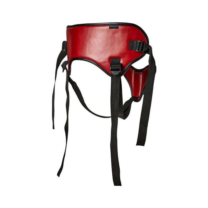 Red and black adjustable Sportsheets Saffron strap-on harness made from vegan PU leather