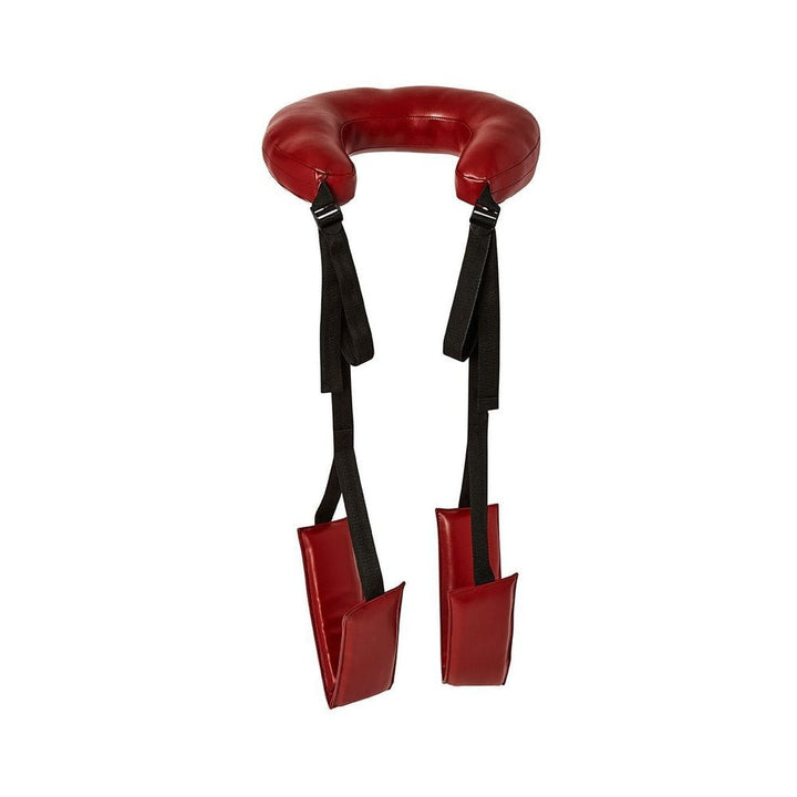 Red padded thigh sling with black adjustable straps and cushioned neck rest for enhanced comfort and support.