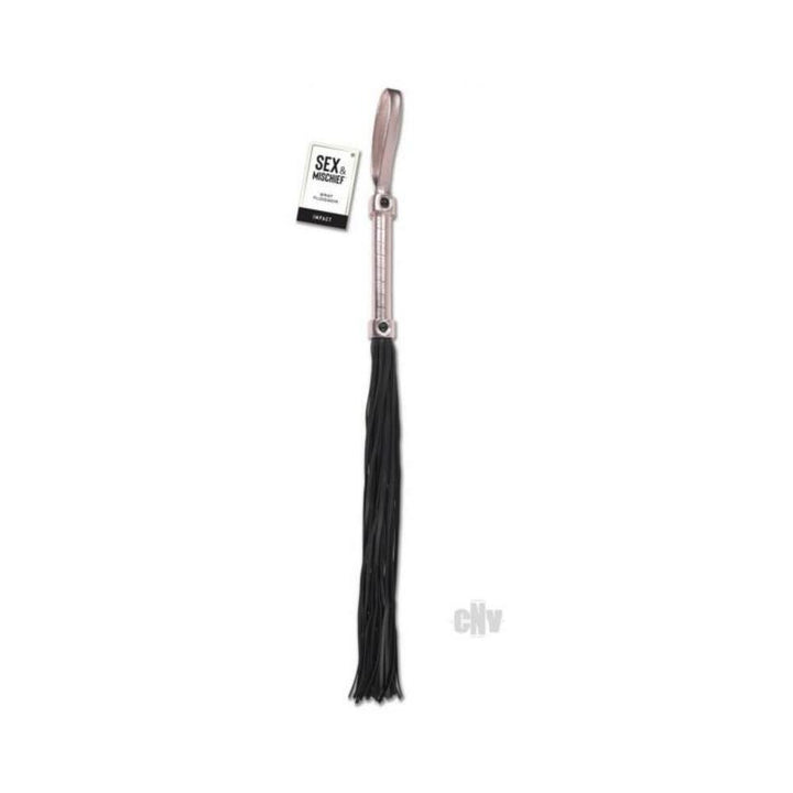 Sportsheets Sex & Mischief Brat Flogger with black faux leather falls and metallic handle with wrist loop