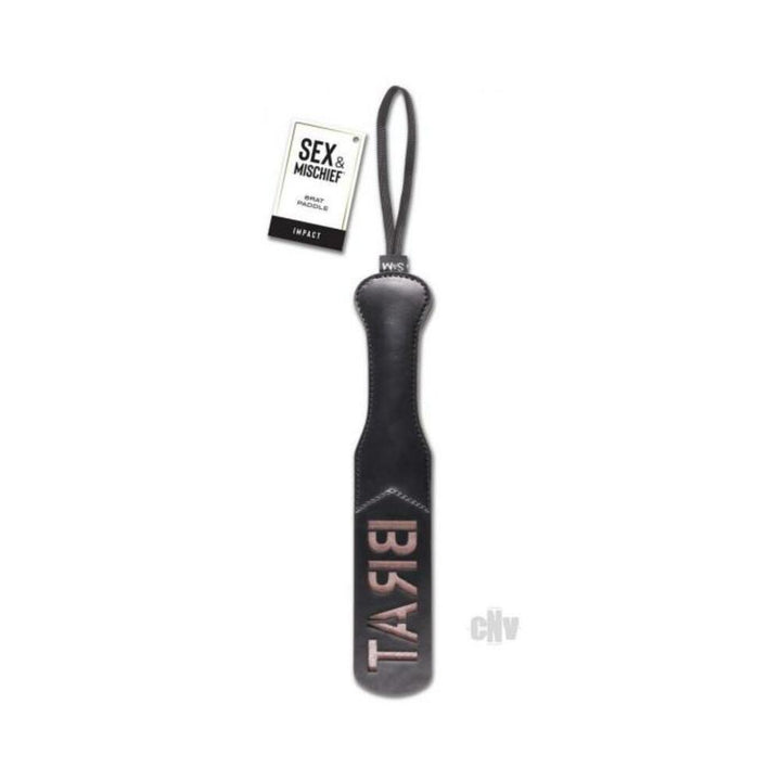 Black faux leather paddle with wrist loop and "BRAT" embossed on the striking surface, labeled Sex & Mischief.
