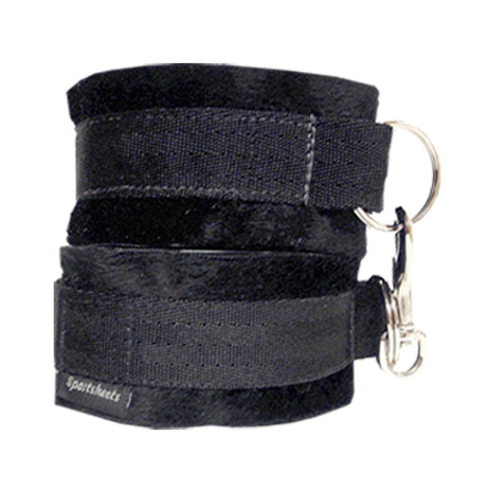 Black nylon and Velboa faux fur cuff with adjustable Velcro strap and metal safety clip.