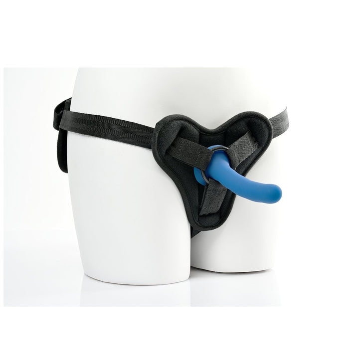 Black adjustable strap-on harness with padded front panel and blue silicone dildo on white mannequin.