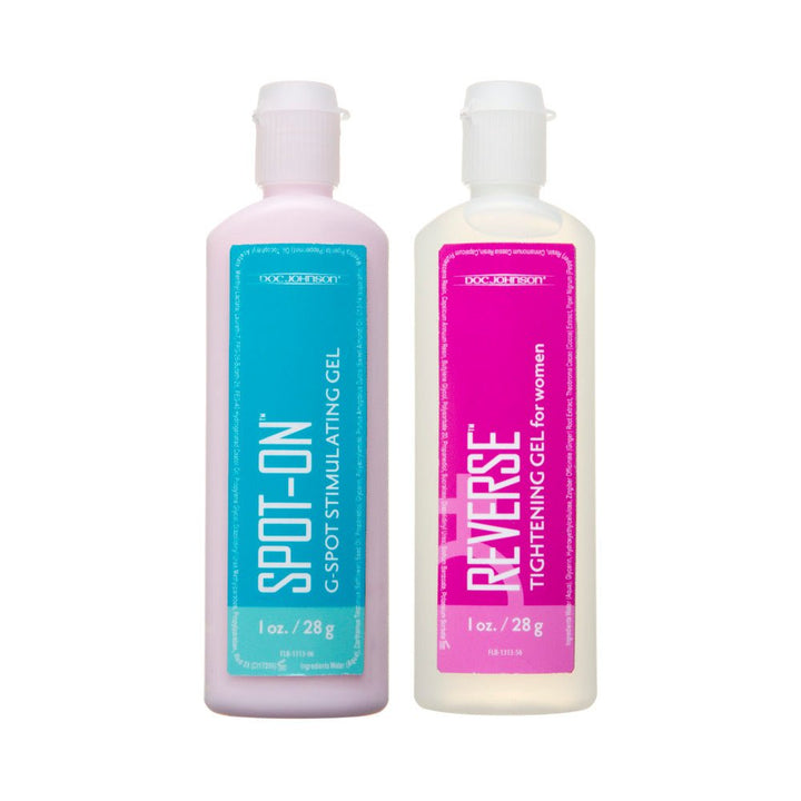 Two 1oz bottles of Spot-On G-Spot Stimulating Gel and Reverse Tightening Gel for women by Doc Johnson.