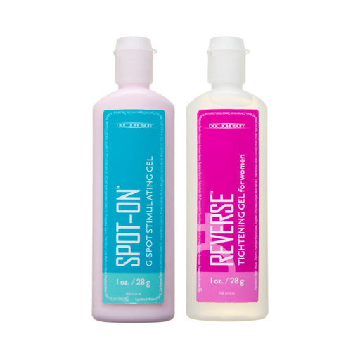 Two 1oz bottles of Spot-On G-Spot Stimulating Gel and Reverse Tightening Gel for women by Doc Johnson.