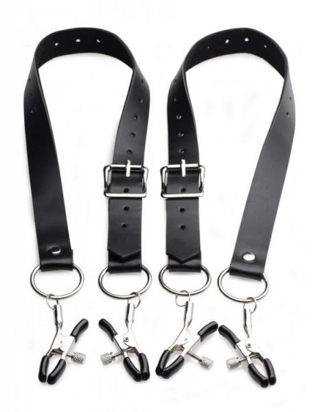 Black adjustable PU leather spreader straps with metal clamps and rubber tips for secure, comfortable wear.