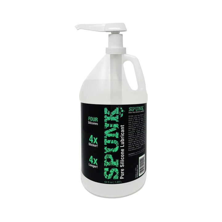 Large 64 oz bottle of Spunk Pure Silicone lubricant with pump dispenser and black label detailing product benefits.