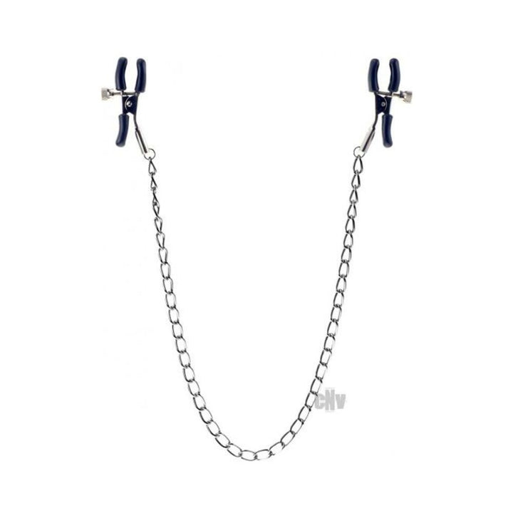 Adjustable black-padded nipple clamps connected by a silver metal chain for customizable pressure and comfort.