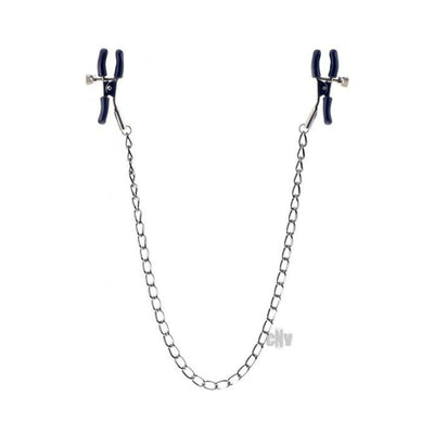 Adjustable black-padded nipple clamps connected by a silver metal chain for customizable pressure and comfort.