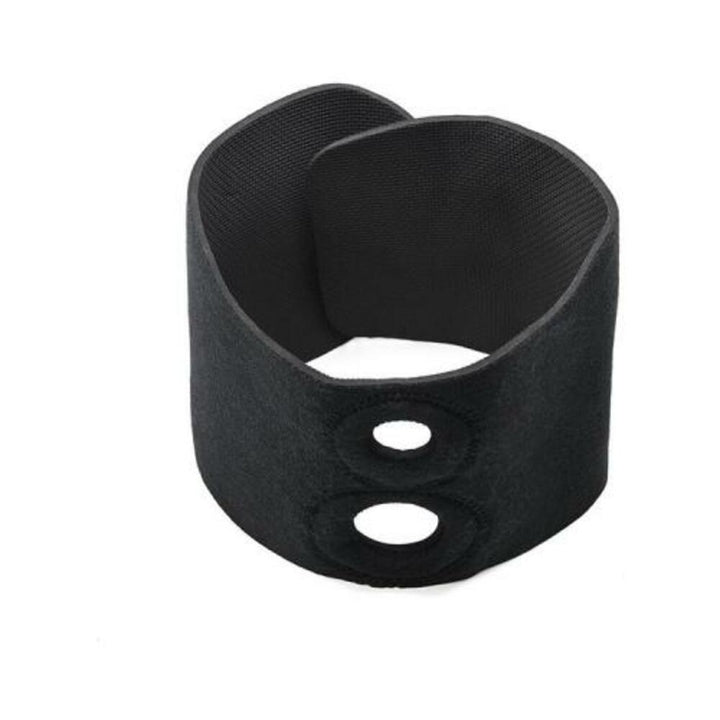 Black neoprene dual penetration thigh strap-on harness with two reinforced O-ring openings and adjustable hook-and-loop closure.