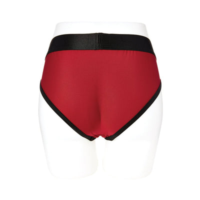 Red and black EmEx contour harness with elastic waistband shown from the back on a white mannequin.