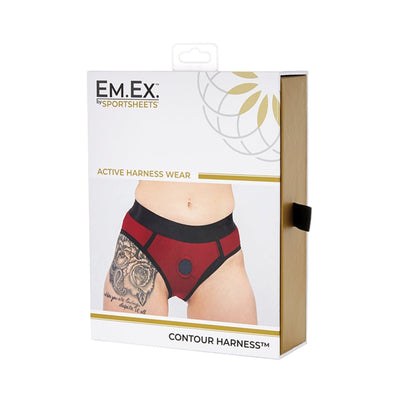 Packaging of Em.Ex Contour Harness in red and black, designed for active wear with secure fit and comfort features.