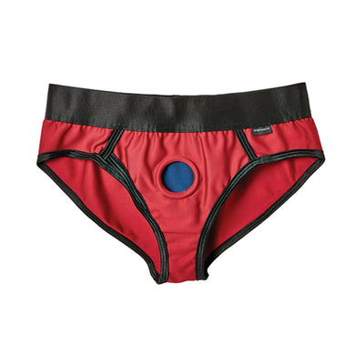 Red and black EmEx contour harness with a central circular opening and elastic waistband in size XS.