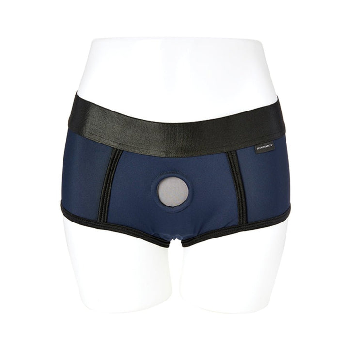 Navy and black EmEx fit harness with elastic waistband and central O-ring on a white mannequin.