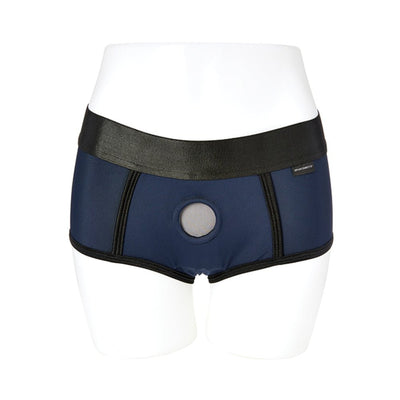 Navy and black EmEx fit harness with elastic waistband and central O-ring on a white mannequin.