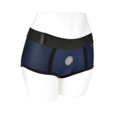 Navy blue and black EmEx fit harness shorts with elastic waistband and front ring opening on white mannequin.