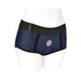 Navy blue and black EmEx fit harness shorts with elastic waistband and front ring opening on white mannequin.