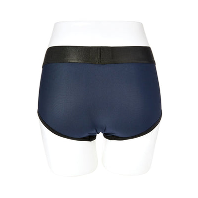 Back view of navy blue and black EmEx Fit Harness in size XS on a white mannequin.