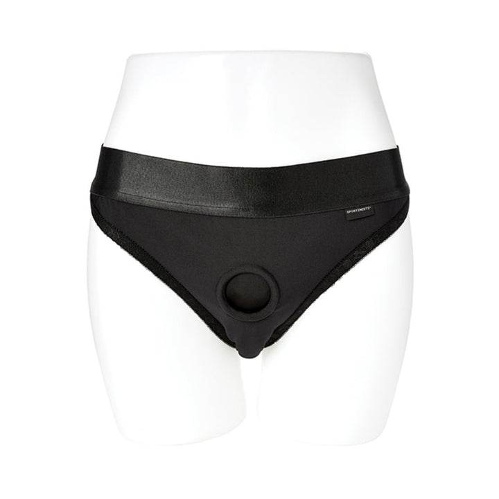 Black EmEx silhouette harness with elastic waistband and central O-ring on white mannequin.