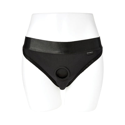 Black EmEx silhouette harness with elastic waistband and central O-ring on white mannequin.