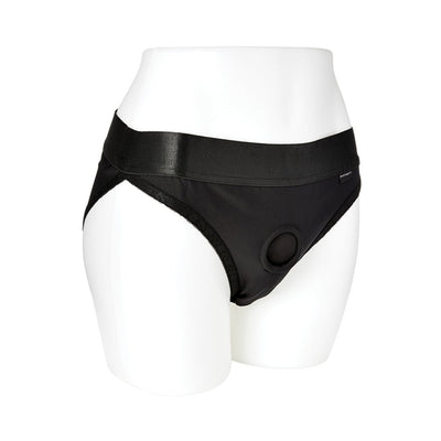 Black EmEx Silhouette Harness with elastic waistband and front O-ring displayed on white mannequin hips.