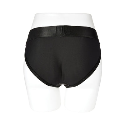 Black high-cut harness briefs with a wide elastic waistband displayed on a white mannequin from the back.
