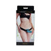 Packaging of Sportsheets Montero Strap-On Harness in black with adjustable straps and blue insertable accessory shown on model.