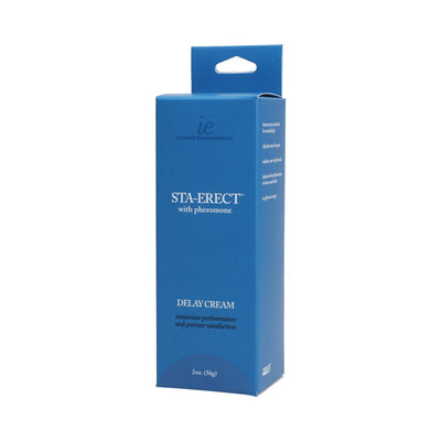 Blue packaging box of Sta-Erect delay cream with pheromone for enhanced performance and partner satisfaction