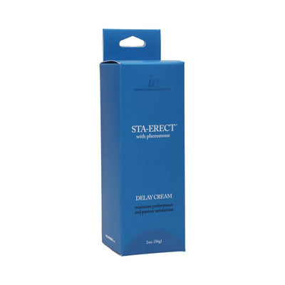 Blue box packaging of Sta-Erect delay cream with pheromone, 2 oz size for enhanced performance and satisfaction.