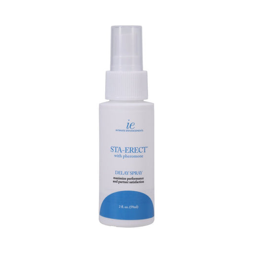 White 2oz spray bottle of Sta-Erect Delay Spray with blue label for performance enhancement and partner satisfaction.