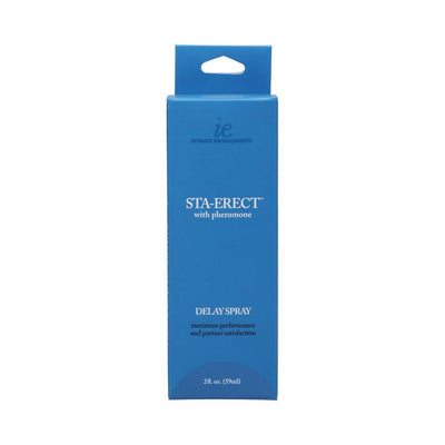 Blue rectangular box packaging of Sta-Erect Delay Spray with pheromone, 2 fl. oz. for performance enhancement.