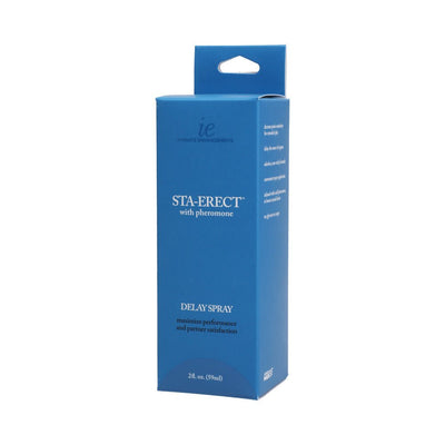 Blue rectangular box packaging of Sta-Erect Delay Spray with pheromone, 2 fl oz for performance enhancement.