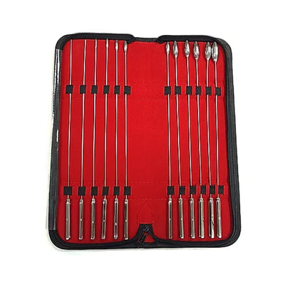 Stainless steel 12-piece rosebud dilator set neatly arranged in a red zippered carrying case.