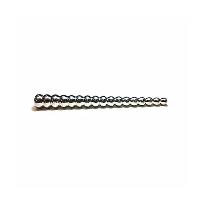Stainless steel urethral sound with graduated beaded design for enhanced stimulation and comfort.
