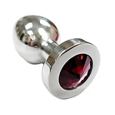 Medium-sized smooth stainless steel butt plug with a red jeweled base for decorative detail.