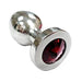 Medium-sized smooth stainless steel butt plug with a red jeweled base for decorative detail.