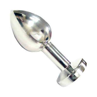 Smooth stainless steel medium-sized butt plug with tapered tip and jeweled base, polished finish.