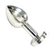 Smooth stainless steel medium-sized butt plug with tapered tip and jeweled base, polished finish.