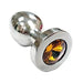 Smooth stainless steel medium-sized butt plug with amber jewel base detail on white background.