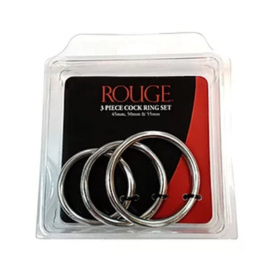 Three stainless steel cock rings in varying sizes displayed in clear plastic packaging with black and red backing.