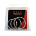 Three stainless steel cock rings in varying sizes displayed in clear plastic packaging with black and red backing.