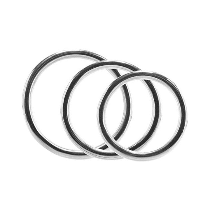 Set of three polished stainless steel rings in varying sizes arranged on a white background.