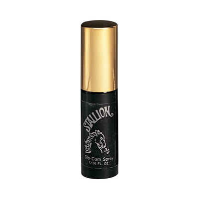 Black and gold Stallion Spray Delay bottle with horse logo and 7/16 fl oz label on white background