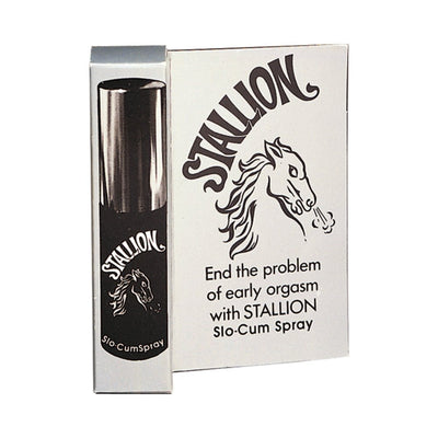 Stallion Spray Delay bottle and packaging featuring a horse illustration and text promoting male endurance spray for lasting performance.
