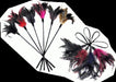 Set of colorful feather ticklers with black handles, featuring vibrant red, pink, purple, and natural tones.