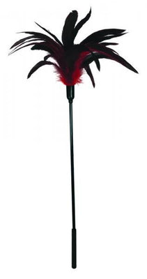 Black and violet feather tickler with a long handle, measuring 24 inches in length.