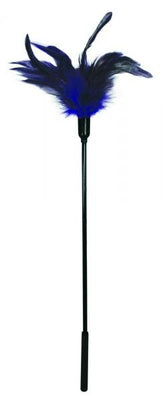 Violet feather tickler with a 24-inch black handle and soft, fluffy feathers at the tip.