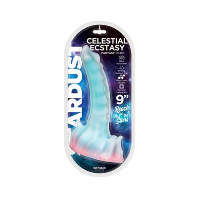 Stardust Celestial Ecstasy 9-inch silicone dildo with textured surface and suction cup base in space-themed packaging