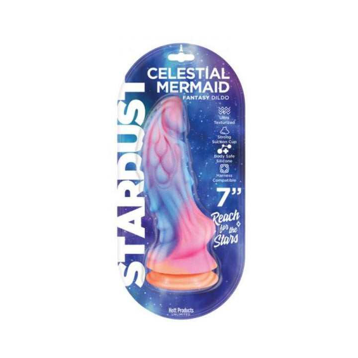 Stardust Celestial Mermaid 7-inch silicone dildo in blue and pink with suction cup, packaged in space-themed blister pack.